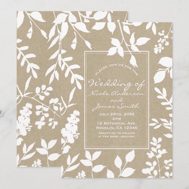 White Botanical Leaves Simple Rustic Wedding Invitation (Front/Back)
