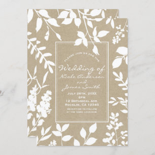 White Botanical Leaves Simple Rustic Wedding Invitation