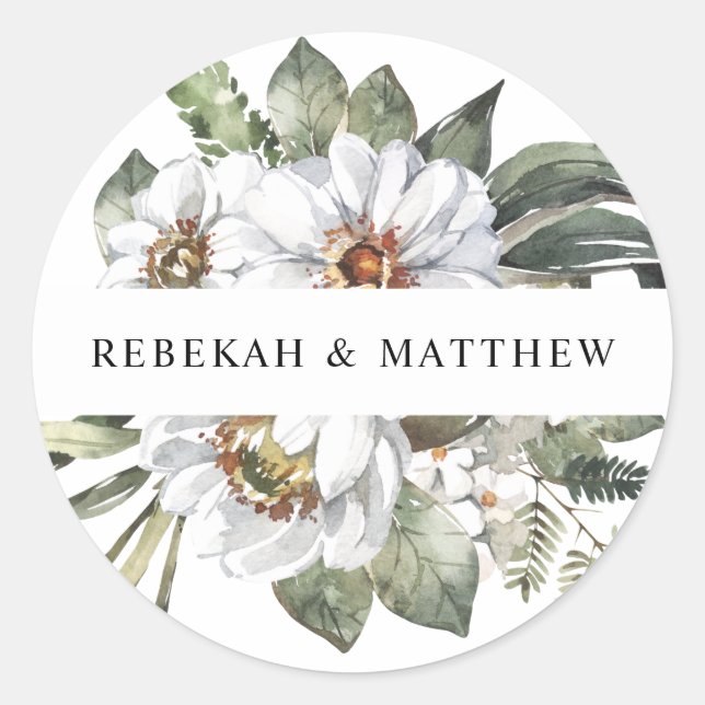 White Botanical Personalized Wedding Classic Round Sticker (Front)