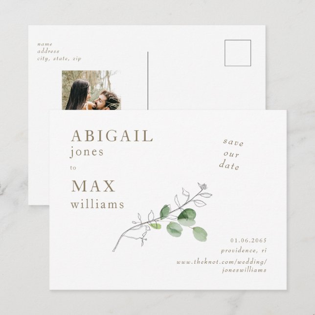 White Botanical Photo Wedding Save our Date II Postcard (Front/Back)