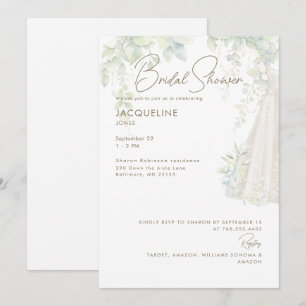 White  Botanical Wedding Dress Bridal Shower  Invitation