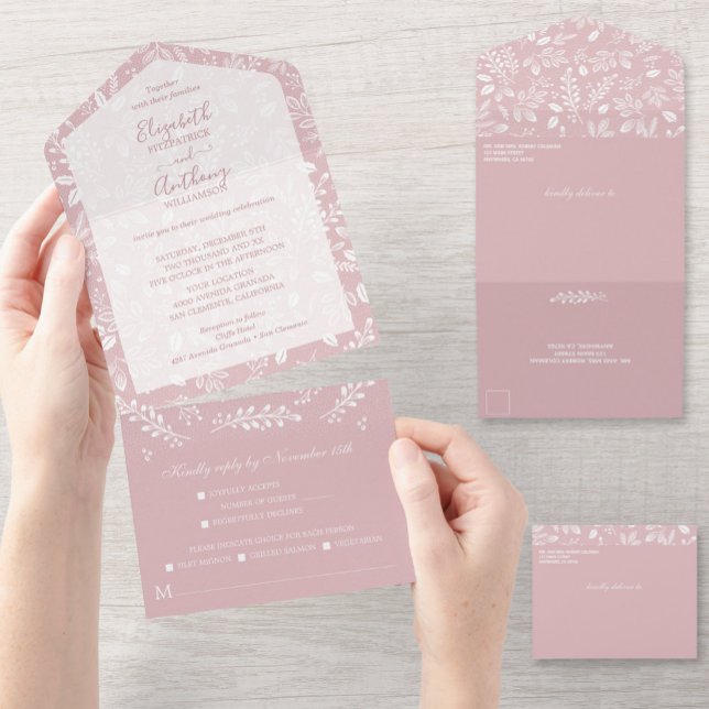 White Botanicals Dusty Rose No Envelopes All In One Invitation (Creator Uploaded)