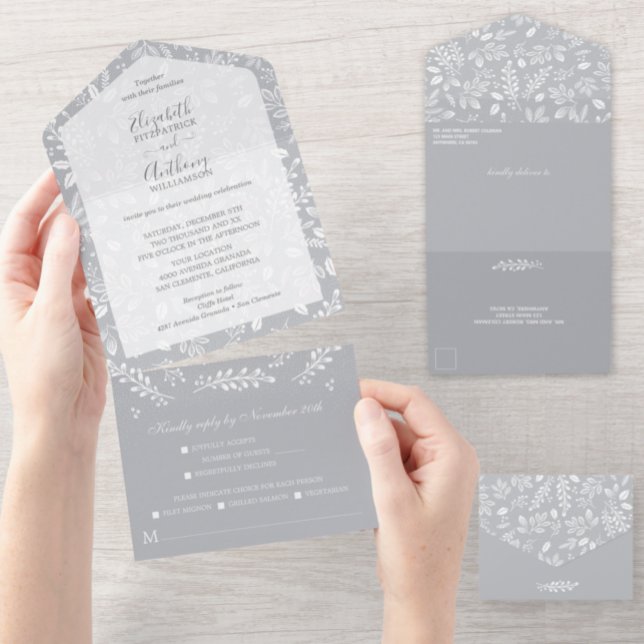 White Botanicals Grey No Envelopes Wedding All In One Invitation (Creator Uploaded)