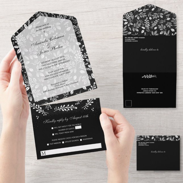 White Botanicals on Black No Envelopes Wedding All In One Invitation (Creator Uploaded)
