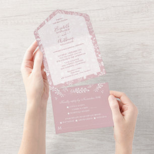 White Botanicals on Dusty Rose Wedding All In One Invitation