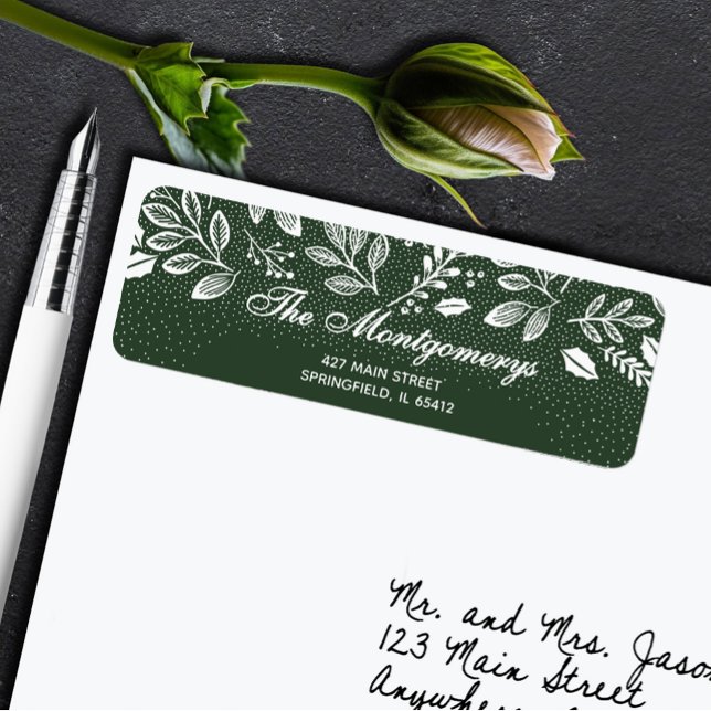 White Botanicals on Forest Green Return Address (White botanicals on dark green return address labels)