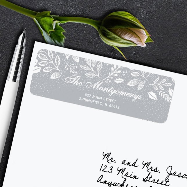 White Botanicals on Grey Return Address (White botanicals on silver grey return address labels)
