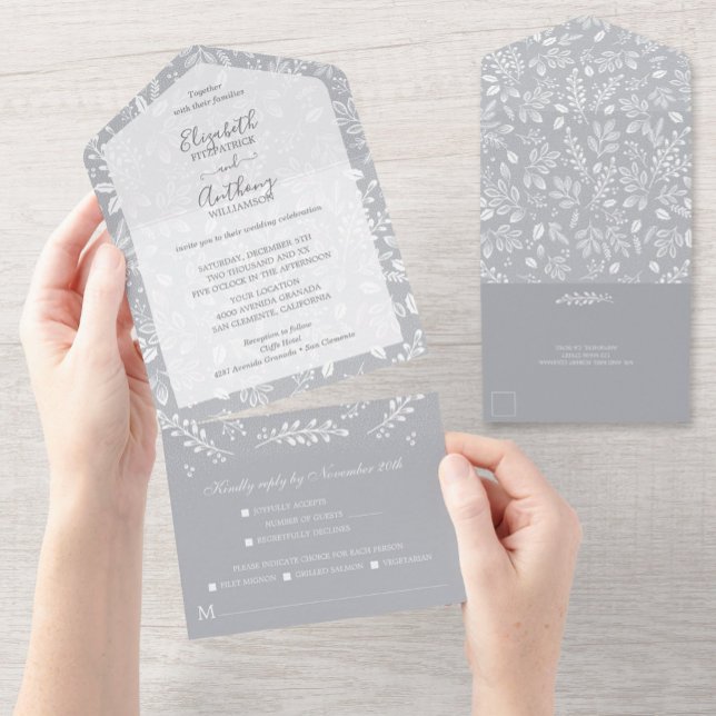 White Botanicals on Grey Wedding All In One Invitation (Creator Uploaded)