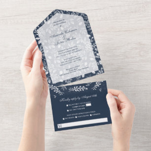 White Botanicals on Navy Blue All In One Invitation
