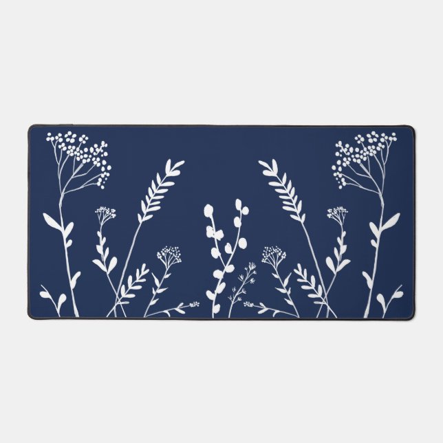 White Botanicals on Navy Blue Desk Mat (Front)