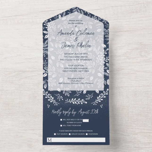 White Botanicals on Navy No Envelopes Wedding All In One Invitation (Inside)
