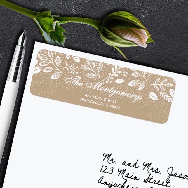 White Botanicals on Taupe Return Address (White botanicals on light gold return address labels)