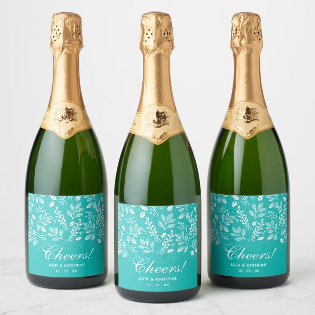 White Botanicals on Turquoise Wedding Sparkling Wine Label (Bottles)