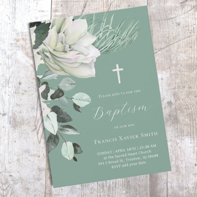 white bouquet on green background Baptism  Invitation (Creator Uploaded)