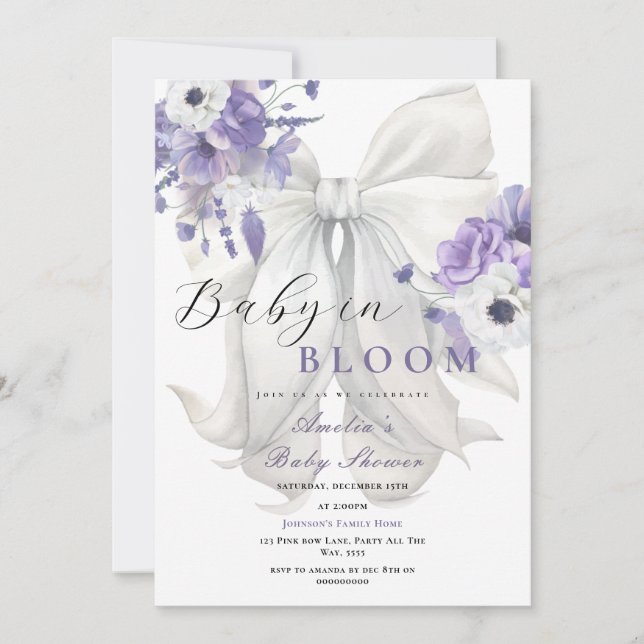White Bow Baby in Bloom Baby Shower Purple Floral Invitation (Front)