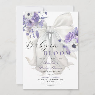 White Bow Baby in Bloom Baby Shower Purple Floral Invitation