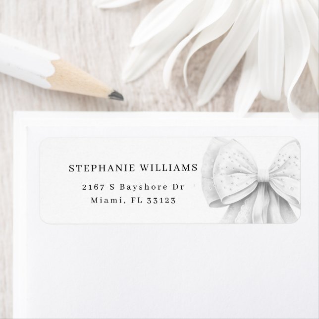 White Bow Pearls Bridal Shower Return Address (Insitu)