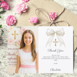 White bow photo pearls girl Confirmation Thank You Card