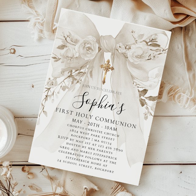 White Bow Rose Floral Girl First Communion Invitation (Creator Uploaded)