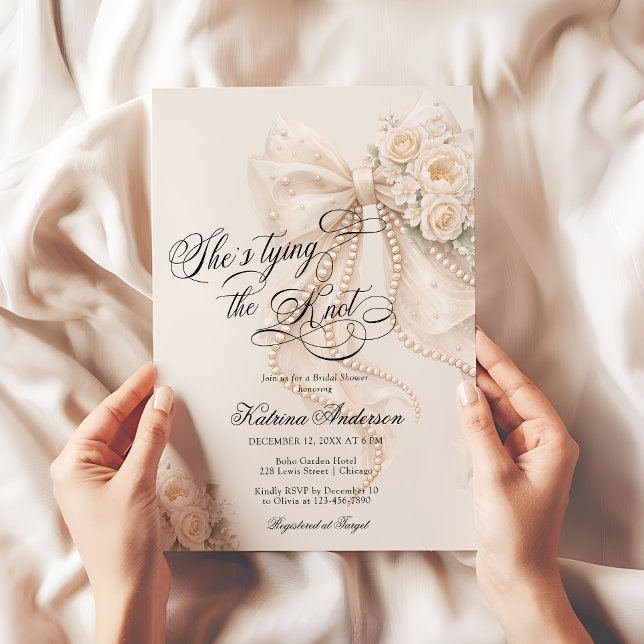 White Bow She's Tying the Knot Bridal Shower Invitation (Creator Uploaded)