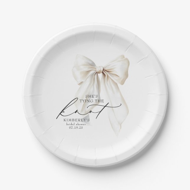 White Bow She's Tying the Knot Bridal Shower Paper Plate (Front)