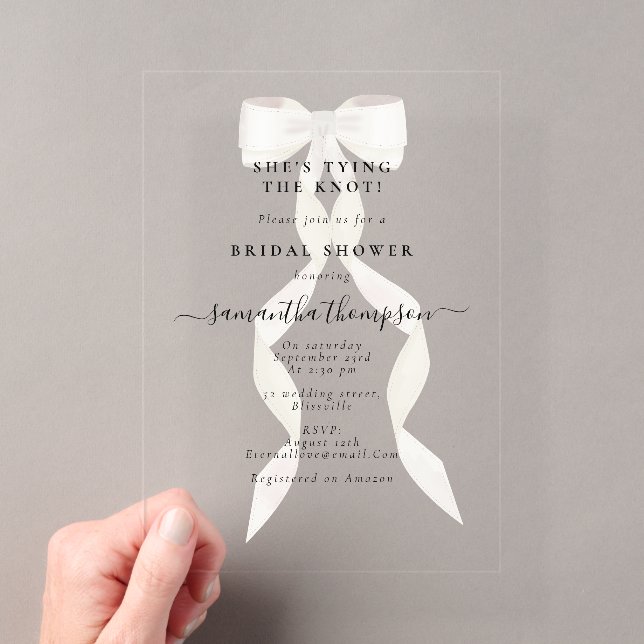 White Bow She's Tying the Knot Bridal Shower Party Acrylic Invitations (Insitu (Handheld))