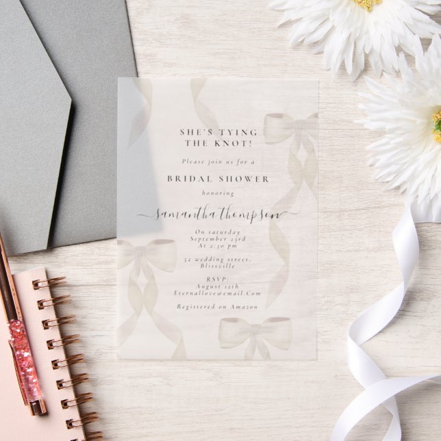 White Bow She's Tying the Knot Bridal Shower Party Vellum Invitations (Wedding)