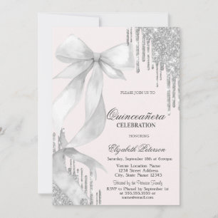 White Bow Silver Glitter Drips Quinceañera Invitation