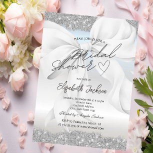 White Bow Silver Sparkle Glitter Bridal Shower  Invitation