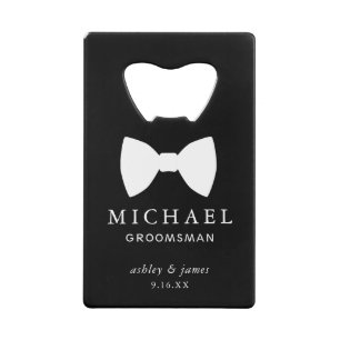 White Bow Tie Groomsman Personalized Wedding Credit Card Bottle Opener