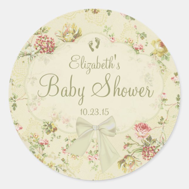 White Bow with Baby Footprints Floral Baby Shower Classic Round Sticker (Front)