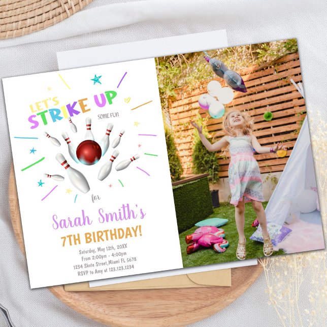 White Bowling Birthday Invitations with photo (White Bowling Birthday Invitations with photo)