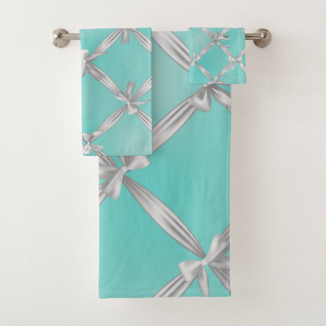 White Bows Turquoise Robin's Egg Blue Bath Towel Set (Insitu)