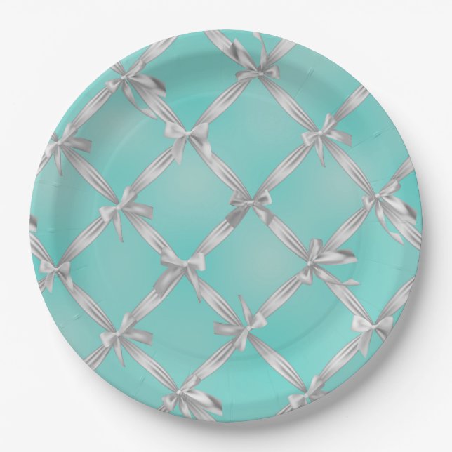 White Bows Turquoise Robin's Egg Blue Bridal Party Paper Plate (Front)