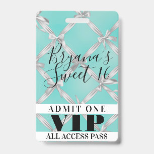White Bows Turquoise Sweet 16 Party VIP Pass Badge
