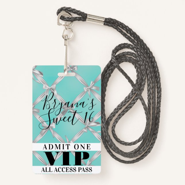 White Bows Turquoise Sweet 16 Party VIP Pass Badge (Devant avec lanière)