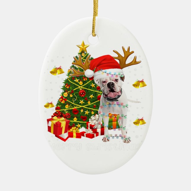 White Boxer Dog Christmas Lights Tree Santa hat Ceramic Ornament (Front)