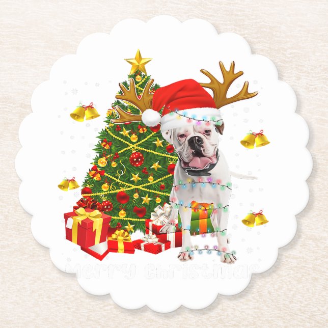 White Boxer Dog Christmas Lights Tree Santa hat Paper Coaster (Front)