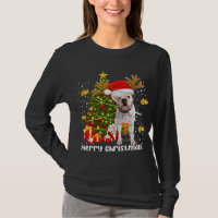 White Boxer Dog Christmas Lights Tree Santa hat