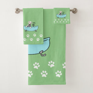White Boxer Dog Themed Bathroom Decor - Green Bath Towel Set
