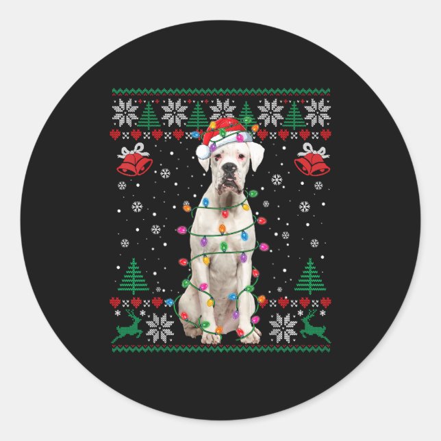 White Boxer Dog Ugly Christmas Sweater Funny Xmas  Classic Round Sticker (Front)