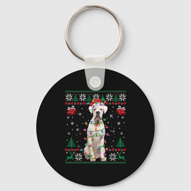 White Boxer Dog Ugly Christmas Sweater Funny Xmas  Keychain (Front)