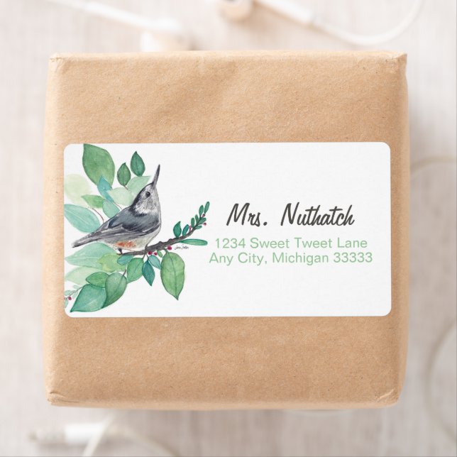 White Breasted Nuthatch Bird Art Return Label (Insitu)