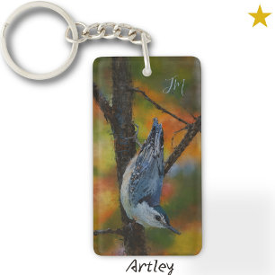 White Breasted Nuthatch Bird Painting Initials Keychain