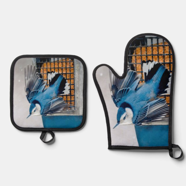 White-Breasted Nuthatch Flying Original Photo Oven Mitt & Pot Holder Set (Front)