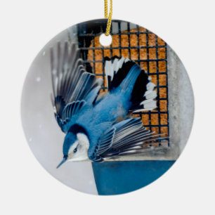 White-Breasted Nuthatch in Snow - Original Photo Ceramic Ornament