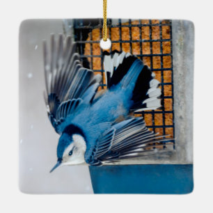 White-Breasted Nuthatch in Snow - Original Photo Ceramic Ornament