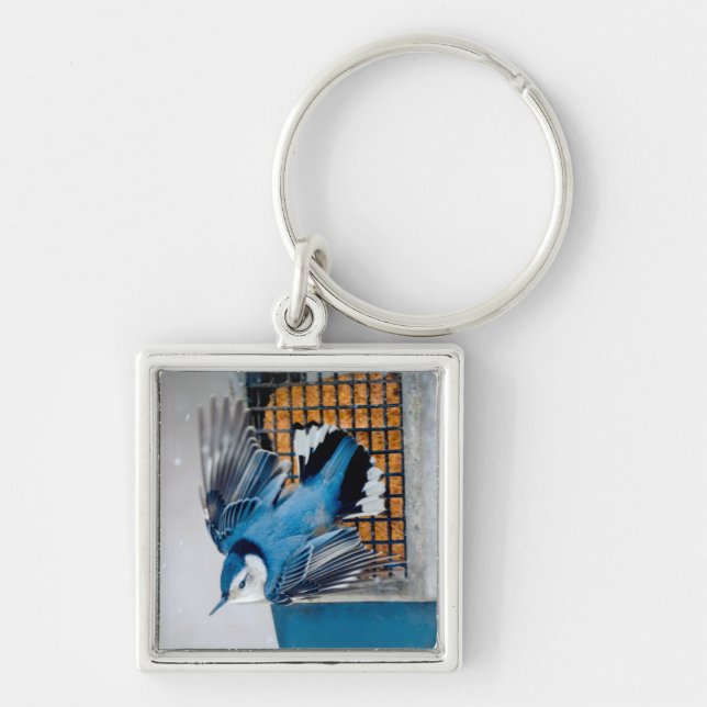 White-Breasted Nuthatch in Snow - Original Photo Keychain (Front)