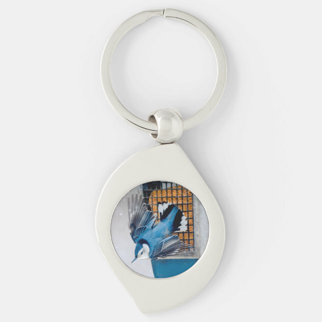 White-Breasted Nuthatch in Snow - Original Photo Keychain (Front)