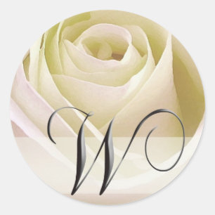 White Bridal Rose Monogram Sticker...Initial W Classic Round Sticker